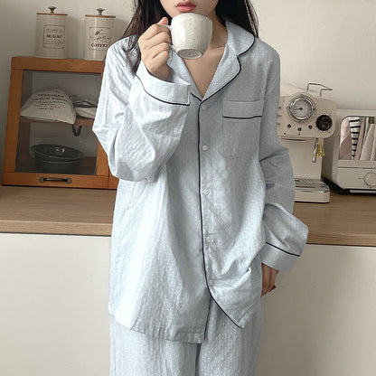 New Internet celebrity pure cotton contrasting polka dot couple pajamas set Korean version of simple high-end lapel long-sleeved cardigan