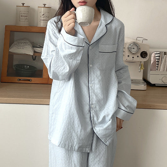 New Internet celebrity pure cotton contrasting polka dot couple pajamas set Korean version of simple high-end lapel long-sleeved cardigan