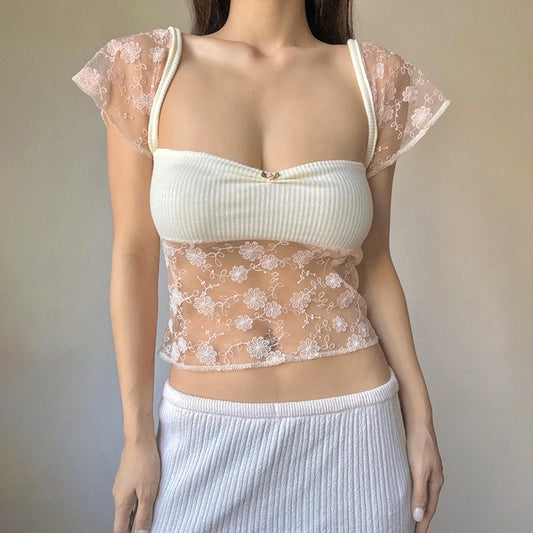 SIXSR K24TP064 2025 women's clothing summer new solid color tube top sexy spice girl lace stitching slim-fitting open-button top