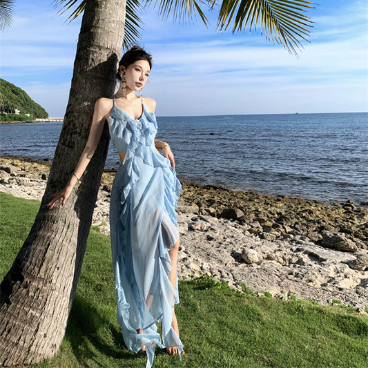 2025 Holiday wind suspender dress women's summer cool feeling seaside irregular waist ruffle edge dress banquet dress