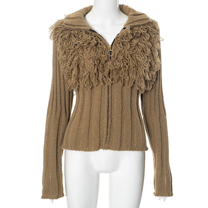 SIXSR Q24TP394 2025 New women's clothing winter new solid color long-sleeved woolen short zipper slim cardigan top