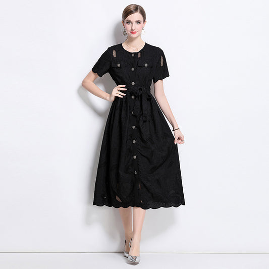 Summer  retro heavy industry hollow embroidery round neck waist short sleeve dress women's thin single-breasted long skirt