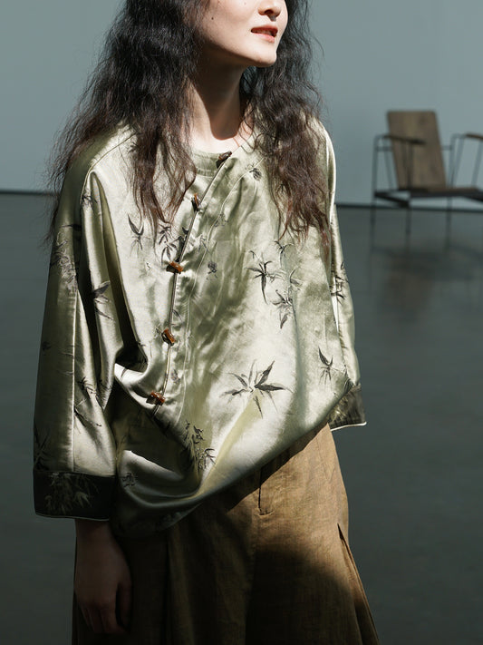 new Chinese silk glossy bamboo leaf diagonal placket loose shirt, Oriental beauty bat sleeve top S24343