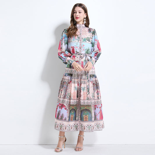 court style lantern sleeve dress spring dress femininity stand-up collar breasted slim chiffon printed vacation dress