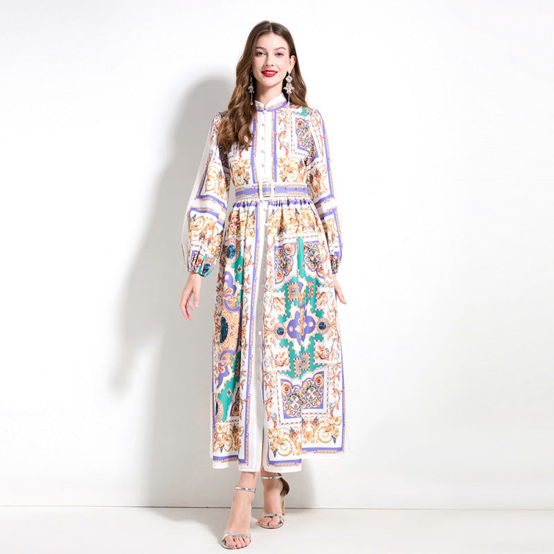Popularan court style temperament dress spring dress women's shirt collar breasted slim fit long design printed skirt