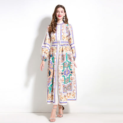 Popularan court style temperament dress spring dress women's shirt collar breasted slim fit long design printed skirt