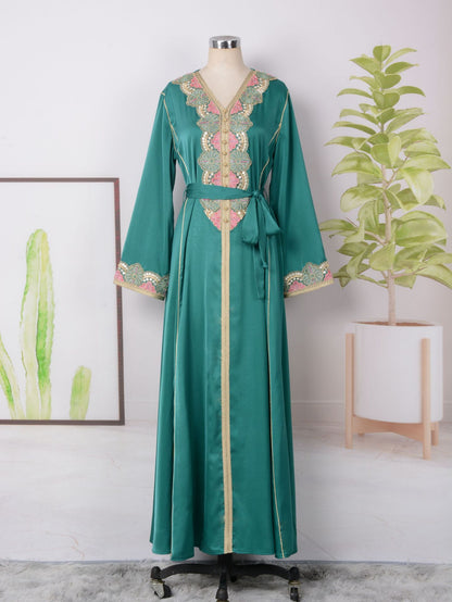 MT133 Middle East  Women's Dress Beaded Ribbon Lace Abaya Dubai Muslim Fashion Robe
