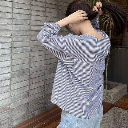 Spring  New Striped Shirt Women's Fashion Square Neck Design Sense Long Sleeve Pullover Thin Room Strip Shirt Women's