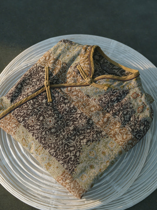 retro new Chinese-style printed polished double-layer medium-length cheongsam, national style diagonal placket thickened robe L24412