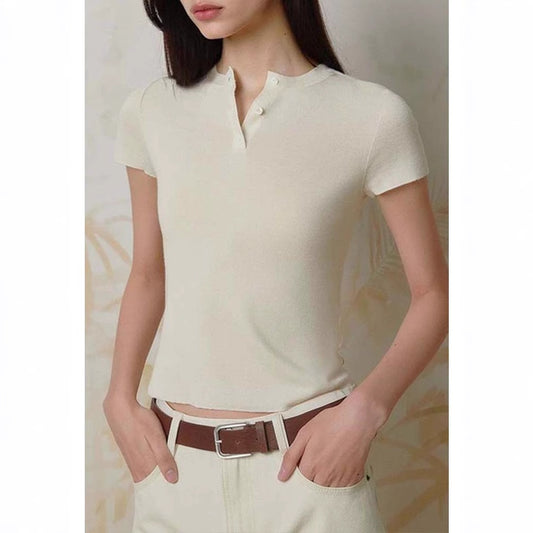 Siyuan, Henry collar all-wool seamless knitted sweater women's spring and summer slim-fitting and thin multi-color short-sleeved T-shirt top 9020