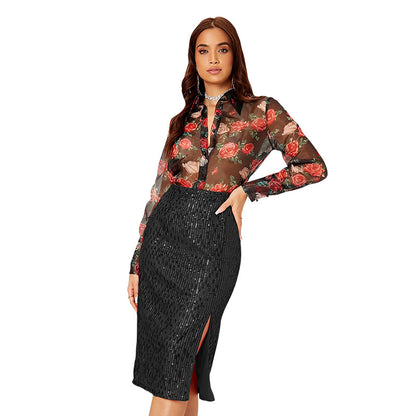 SIXSR Short skirt Spice girl Popular trade INS style skirt summer women's temperament slim hip skirt split sequined skirt women