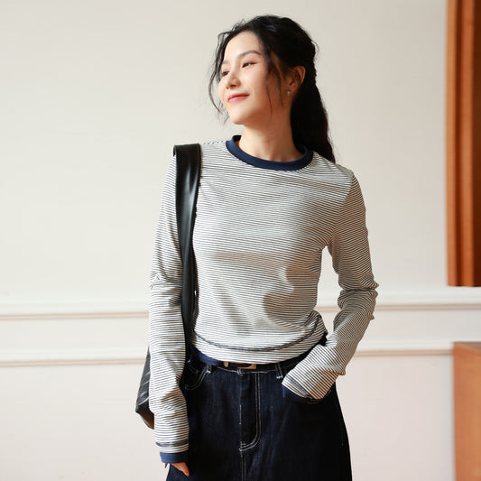 Long-sleeved striped T-shirt women's spring new Japanese and Korean casual fashion versatile jumper contrasting color round neck front shoulder top