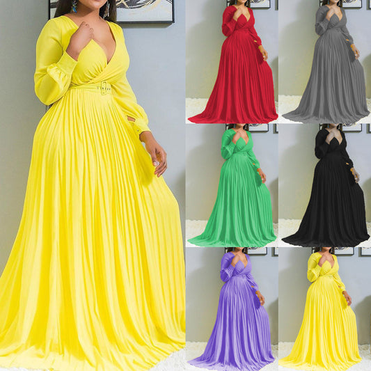 Cross-border Large Size Women's Clothing, Deep V Cross-Grab Pleated Front Chest and Lower Skirt Solid Color Pleated Pendulum Dress