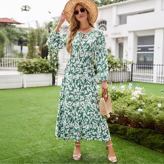 Popular trade women's clothing neckline bow loose lantern sleeve holiday dress printed medium length thin big pendulum dress