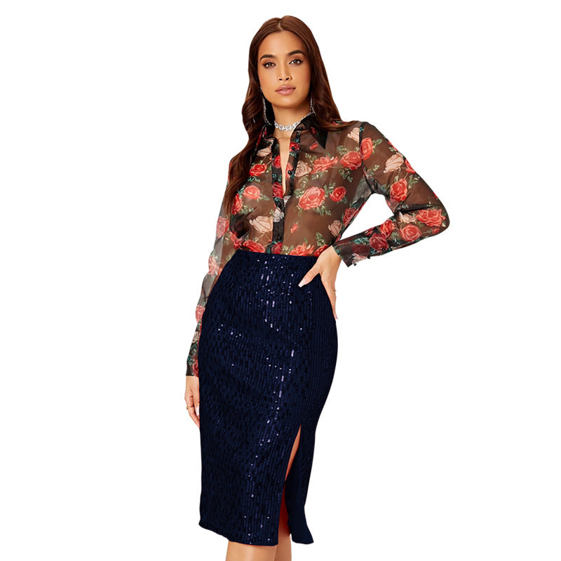 SIXSR Short skirt Spice girl Popular trade INS style skirt summer women's temperament slim hip skirt split sequined skirt women