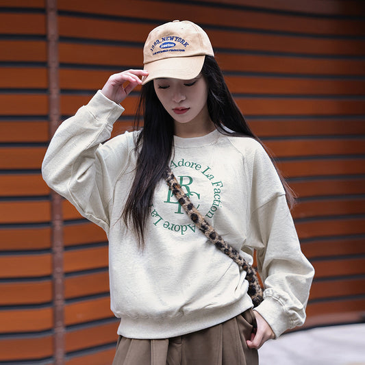 Japan and Korea casual round neck long-sleeved jumper autumn and winter atmosphere contrasting top letter printing versatile pure cotton sweater