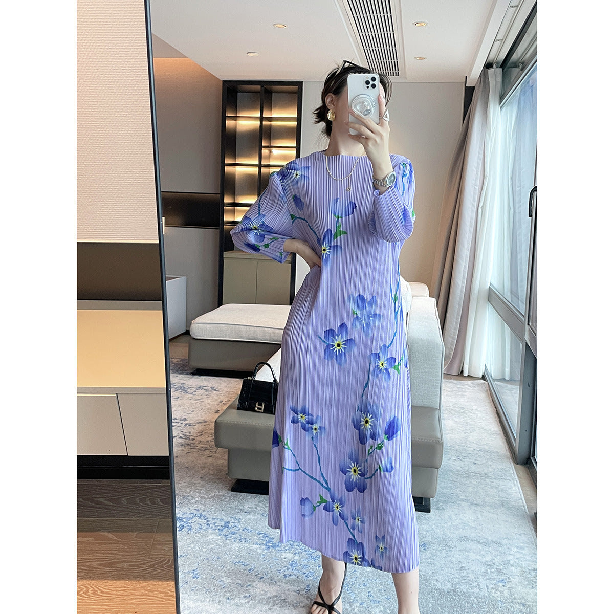 Miyake  spring and summer new high-end printing temperament elegant dress  round neck thin pleated dress