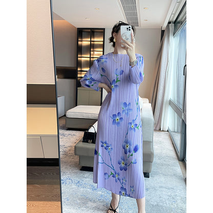 Miyake  spring and summer new high-end printing temperament elegant dress  round neck thin pleated dress