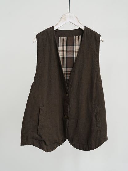 retro casual loose cotton and linen double-layer v-neck vest, literary tooling simple vest vest W24305