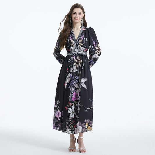 retro court printing V-neck lantern sleeves waist single-breasted dress women's thin temperament knee-length dress