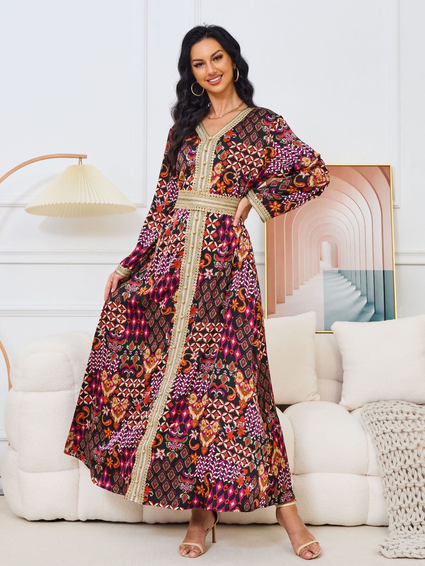 MT118 muslim Middle East women's Arab clothing, new V-neck printing long-sleeved  Popular trade dress