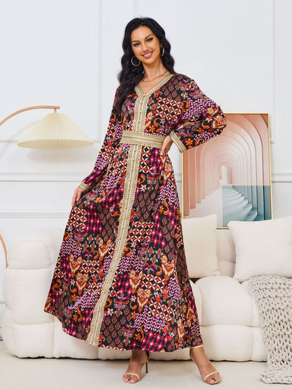 MT118 muslim Middle East women's Arab clothing, new V-neck printing long-sleeved  Popular trade dress