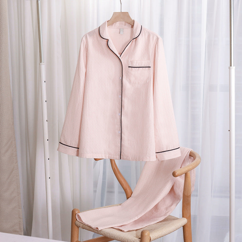 New Internet celebrity pure cotton contrasting polka dot couple pajamas set Korean version of simple high-end lapel long-sleeved cardigan
