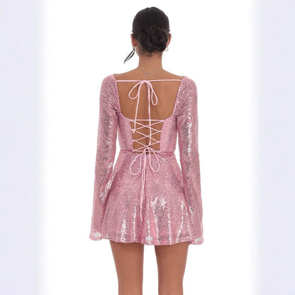 2025 2025 Popular trade New fashion sexy suspender sequin glitter lace-up dress women's party dress (2 colors)