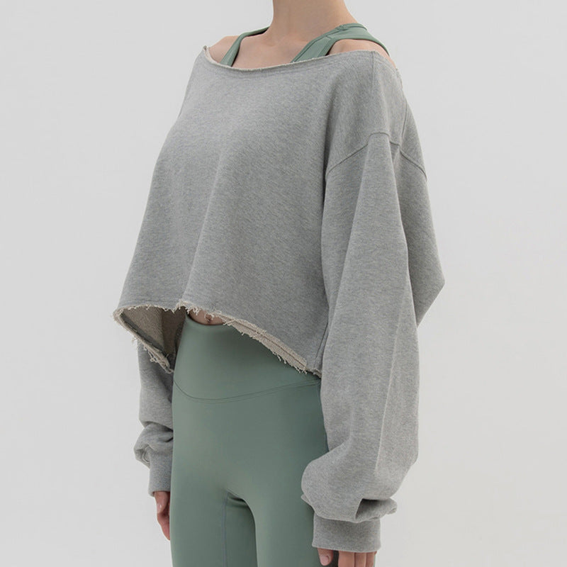 Sports slanted shoulder sweater spring and autumn new casual yoga clothes one-word collar short loose blouse long-sleeved dance top