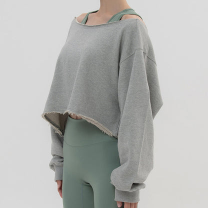 Sports slanted shoulder sweater spring and autumn new casual yoga clothes one-word collar short loose blouse long-sleeved dance top