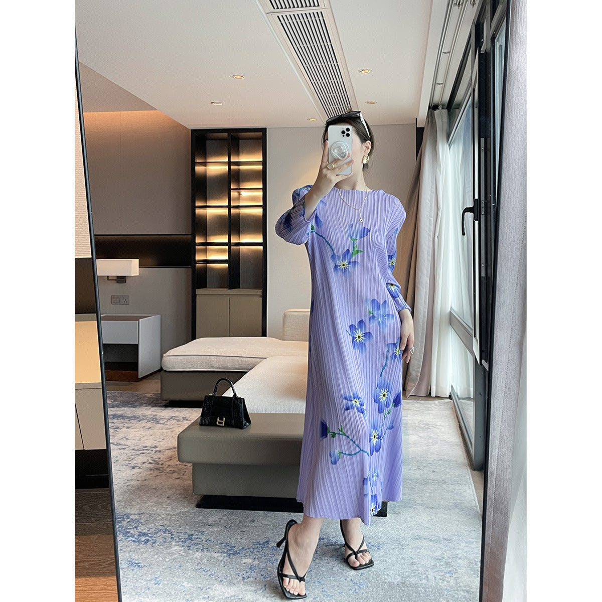 Miyake  spring and summer new high-end printing temperament elegant dress  round neck thin pleated dress