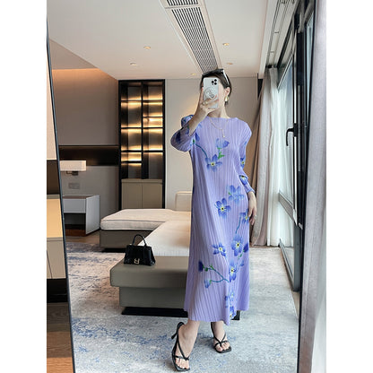 Miyake  spring and summer new high-end printing temperament elegant dress  round neck thin pleated dress