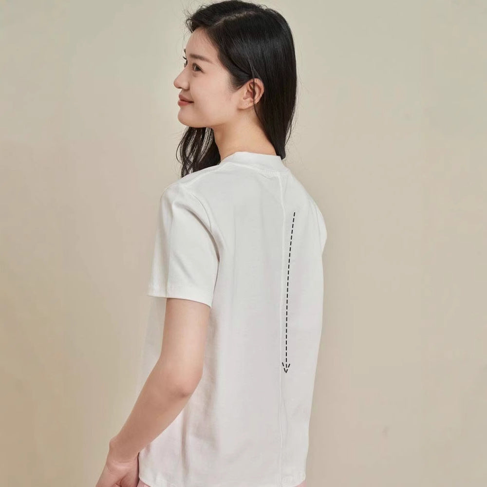 Siyuan, minimalist solid color comfortable horse cotton short-sleeved front shoulder T-shirt women's semi-high round neck basic versatile top 8127