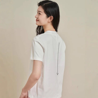 Siyuan, minimalist solid color comfortable horse cotton short-sleeved front shoulder T-shirt women's semi-high round neck basic versatile top 8127