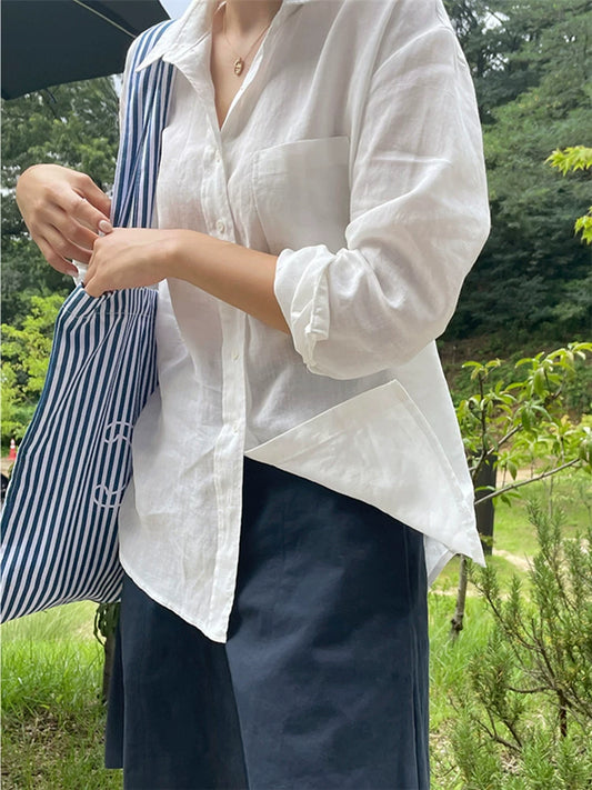 cotton and linen sunscreen white shirt women's long-sleeved thin loose outer Korean version shirt Tencel linen top summer
