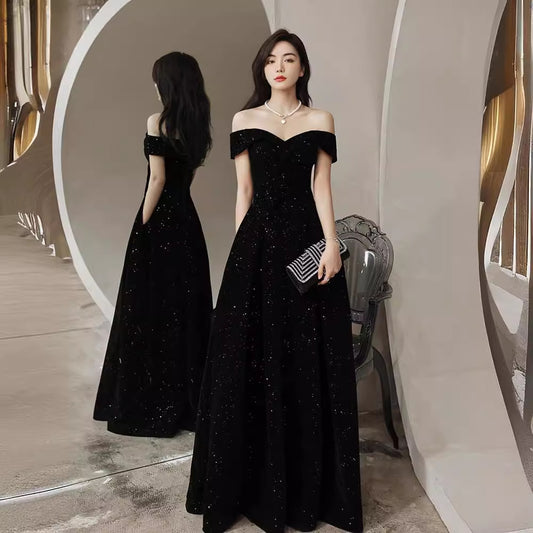 One-word shoulder black host evening dress dress banquet temperament  new star velvet summer long