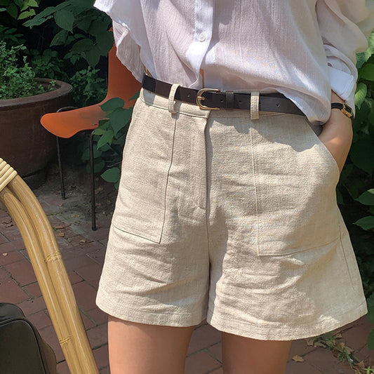 Casual linen shorts summer women's pants cotton and linen breathable cool Korean version commuter loose straight pants high waist hot pants