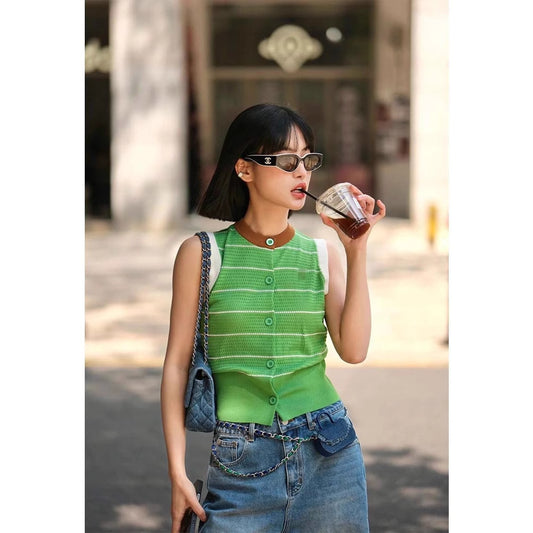 Siyuan SW three-color sleeveless striped knitted vest for women's summer new waist hollow short vest 9047