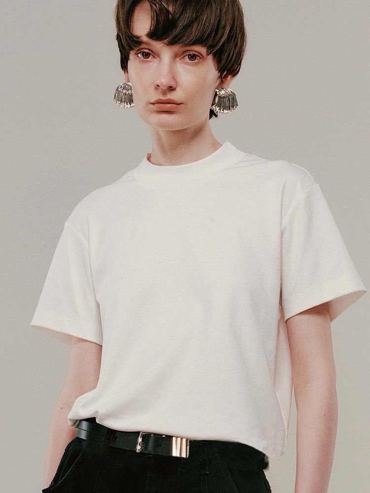 Siyuan, minimalist solid color comfortable horse cotton short-sleeved front shoulder T-shirt women's semi-high round neck basic versatile top 8127