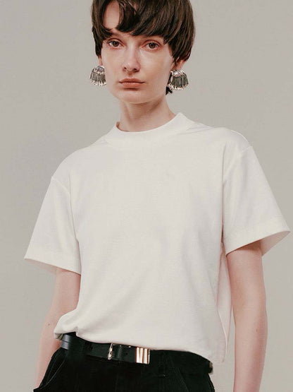 Siyuan, minimalist solid color comfortable horse cotton short-sleeved front shoulder T-shirt women's semi-high round neck basic versatile top 8127