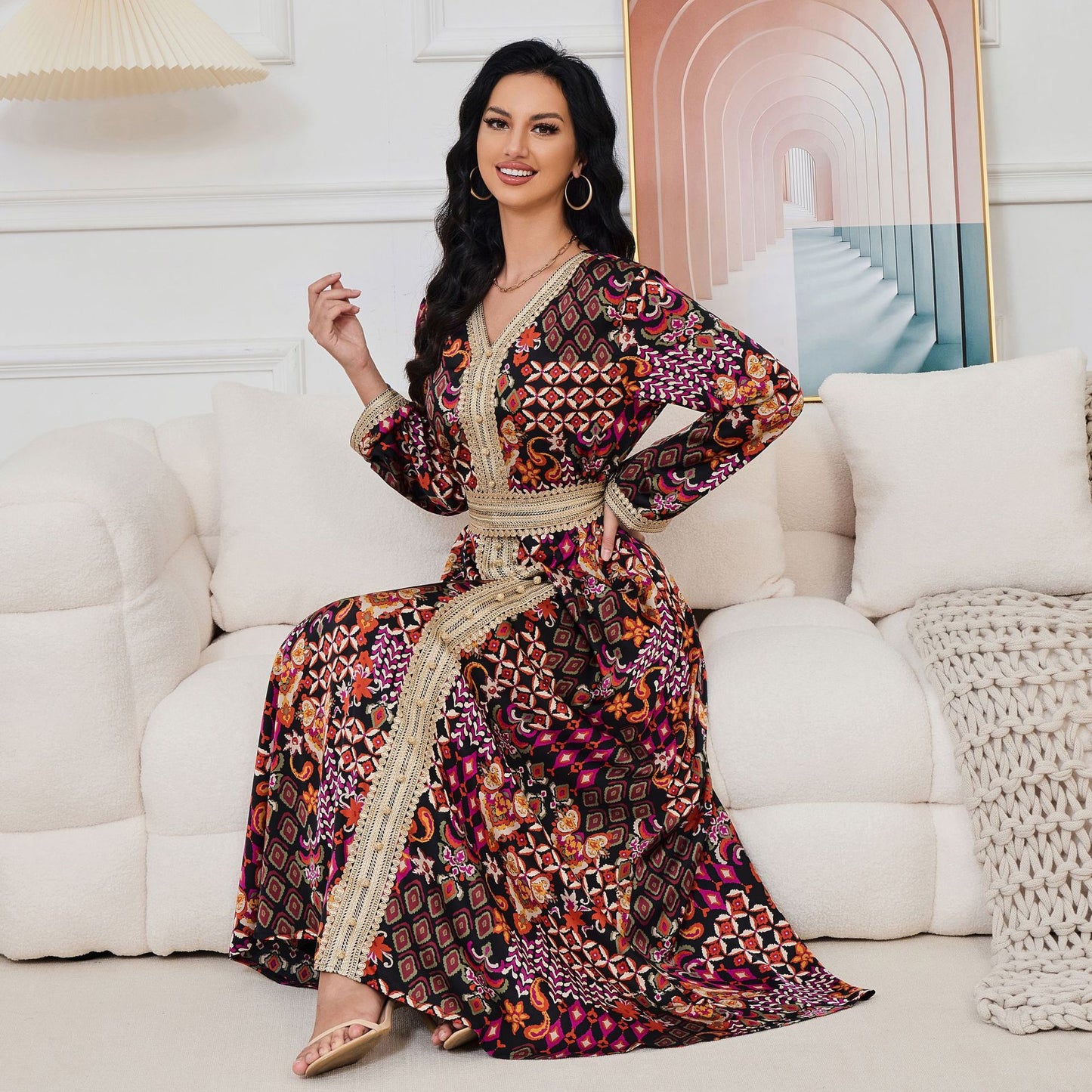 MT118 muslim Middle East women's Arab clothing, new V-neck printing long-sleeved  Popular trade dress