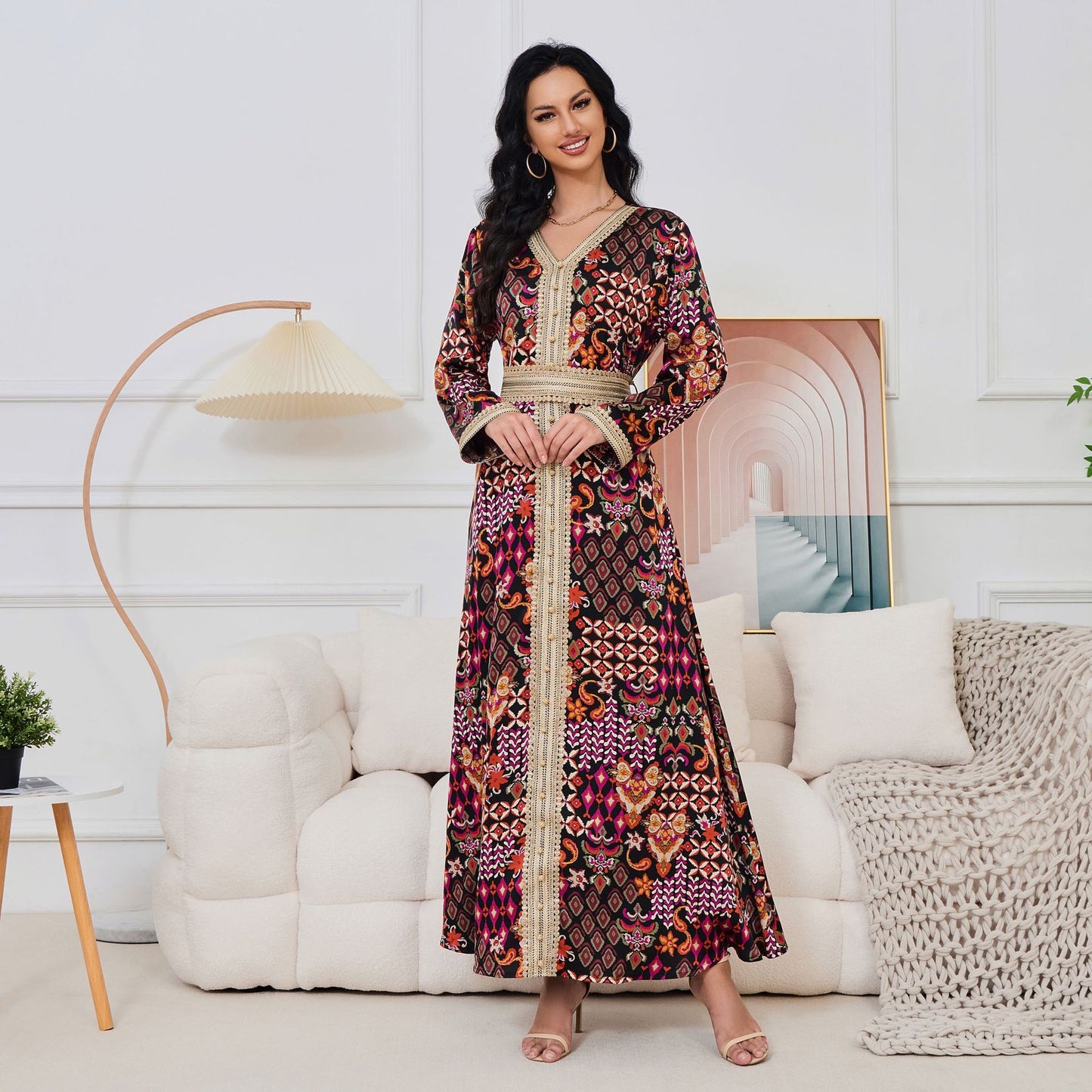 MT118 muslim Middle East women's Arab clothing, new V-neck printing long-sleeved  Popular trade dress