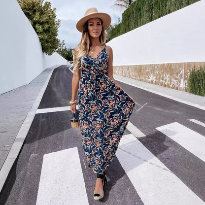 Popular trade 2025 women's clothing popular summer  v-neck sleeveless suspender printed bohemian dress