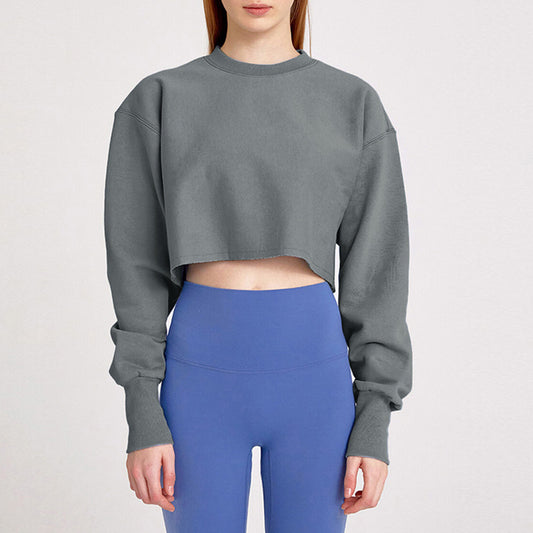 New new outdoor sports running fitness yoga clothes top women's loose navel short long-sleeved sweater