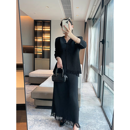 Miyake's new dragon scale pleated fashion suit women's high-end temperament slim top fringed design skirt two-piece set