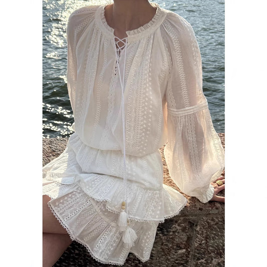 Siyuan F * AB white moonlight slightly transparent pure cotton embroidered lace-up shirt/puffy skirt casual vacation set 9057