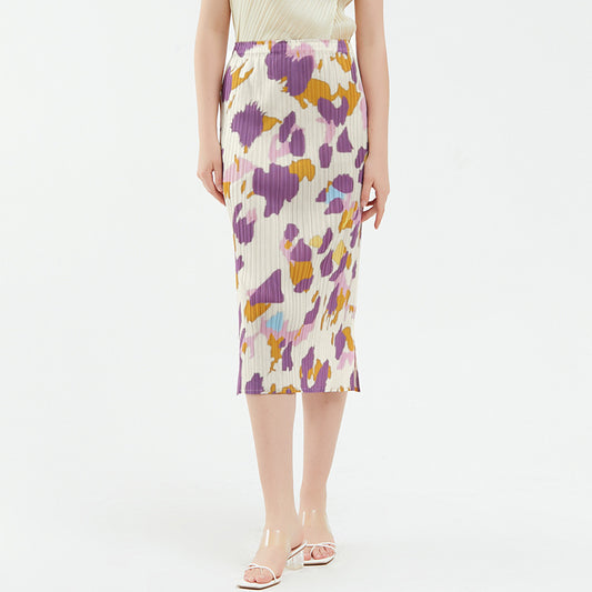 summer new pleated skirt niche slim-fitting high waist drape thin printed women's a-character medium and long skirt women