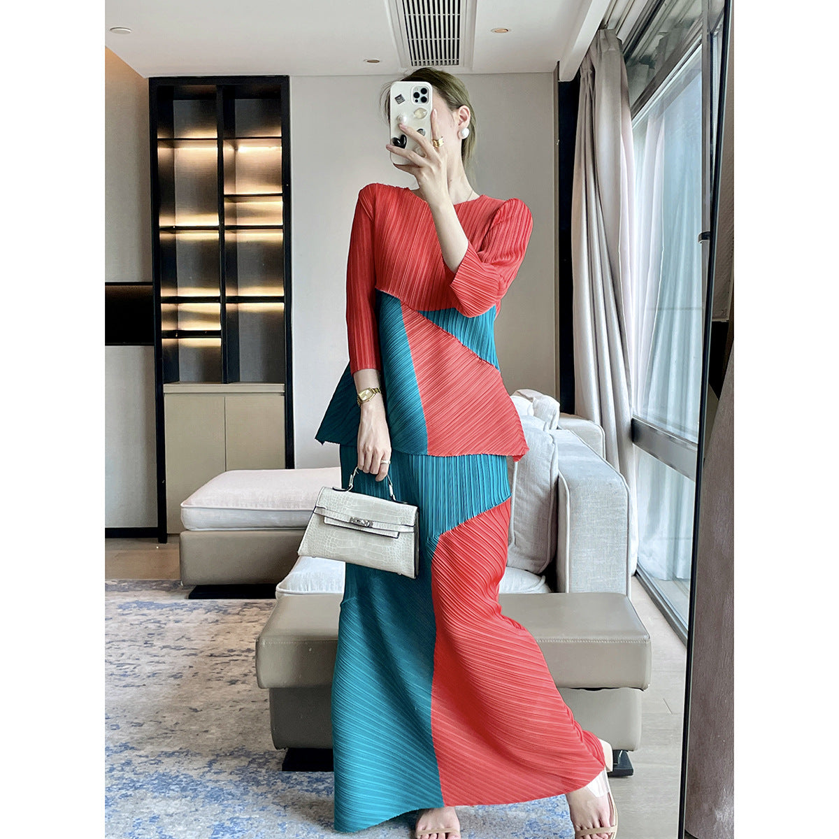 Folds  autumn designer high-end color matching fashion casual suit queen fan temperament elegant two-piece set