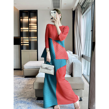 Folds  autumn designer high-end color matching fashion casual suit queen fan temperament elegant two-piece set
