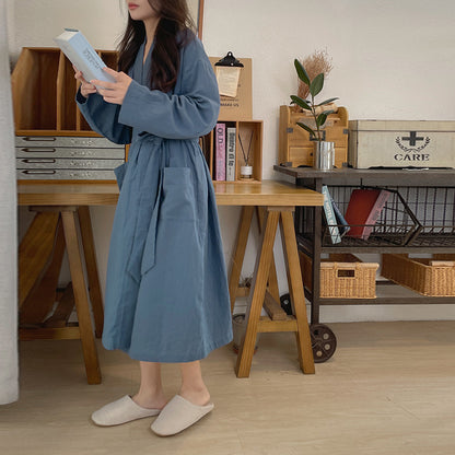 New solid color Japanese nightgown cotton yarn pajamas cardigan strap-up long-sleeved bathrobe women's loungewear loose long women's
